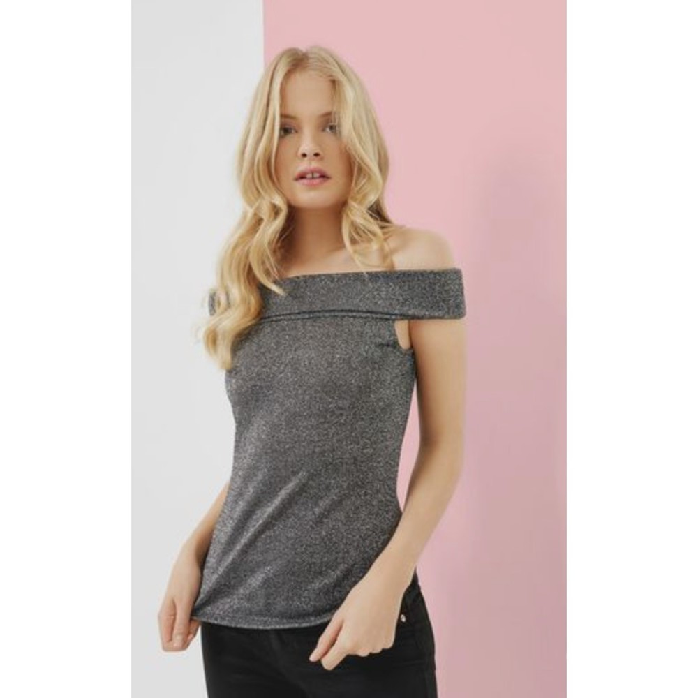NWT Ted Baker Tipah Black Silver Off Shoulder Bardot Neck Top TB SZ 2 = US SZ 6
